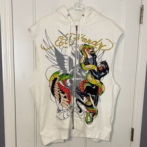 Ed Hardy Off White Cobra Panther Sleeveless Hoodie XL